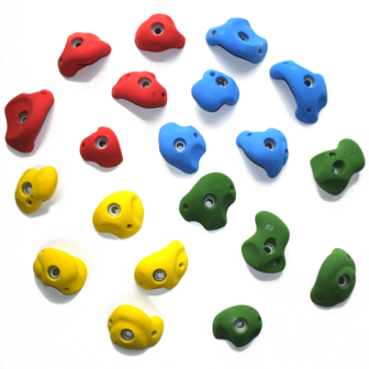 klimgrepen serie fun assorti kleur – maat m – set van 20 – rood, blauw, geel en groen